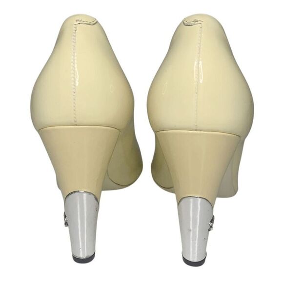 Chanel Interlocking CC Logo Peep Toe Patent Leather Heels EU 37.5 Yellow Pumps - Picture 10 of 14